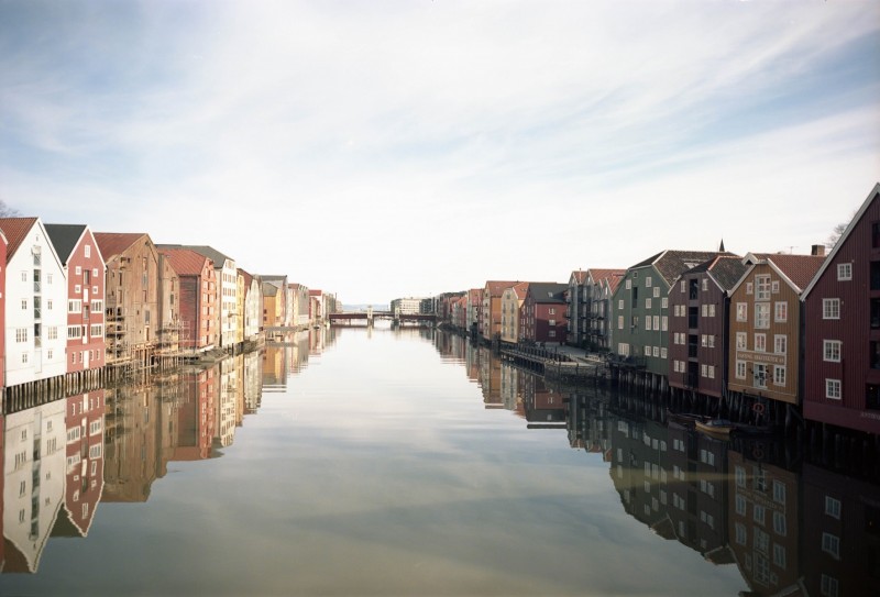 Old wharves of Trondheim with tilt